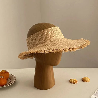 Nature Raffia Straw Sun Hat for Women 57cm Emtey Top Vsor Summer Outdoor Holiday Beach Hawaii Style Straw Hat for Female