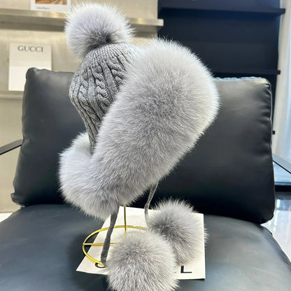 Outdoor Earflap hat Wool Knitted Snow Ski Cap Fleece Bomber Trapper Hat Women Fox Fur Pompom Winter
