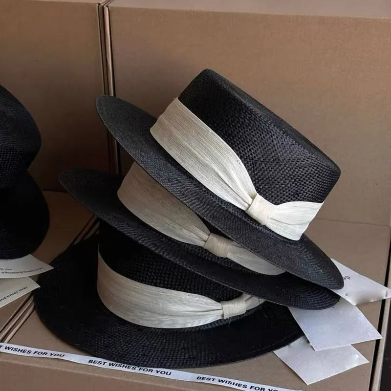 NEW Designer High-quality Customized Version Black Natural Sisal Flat Topped Straw Hat Silk Ribbon Summer Sunhat Dinner Cap