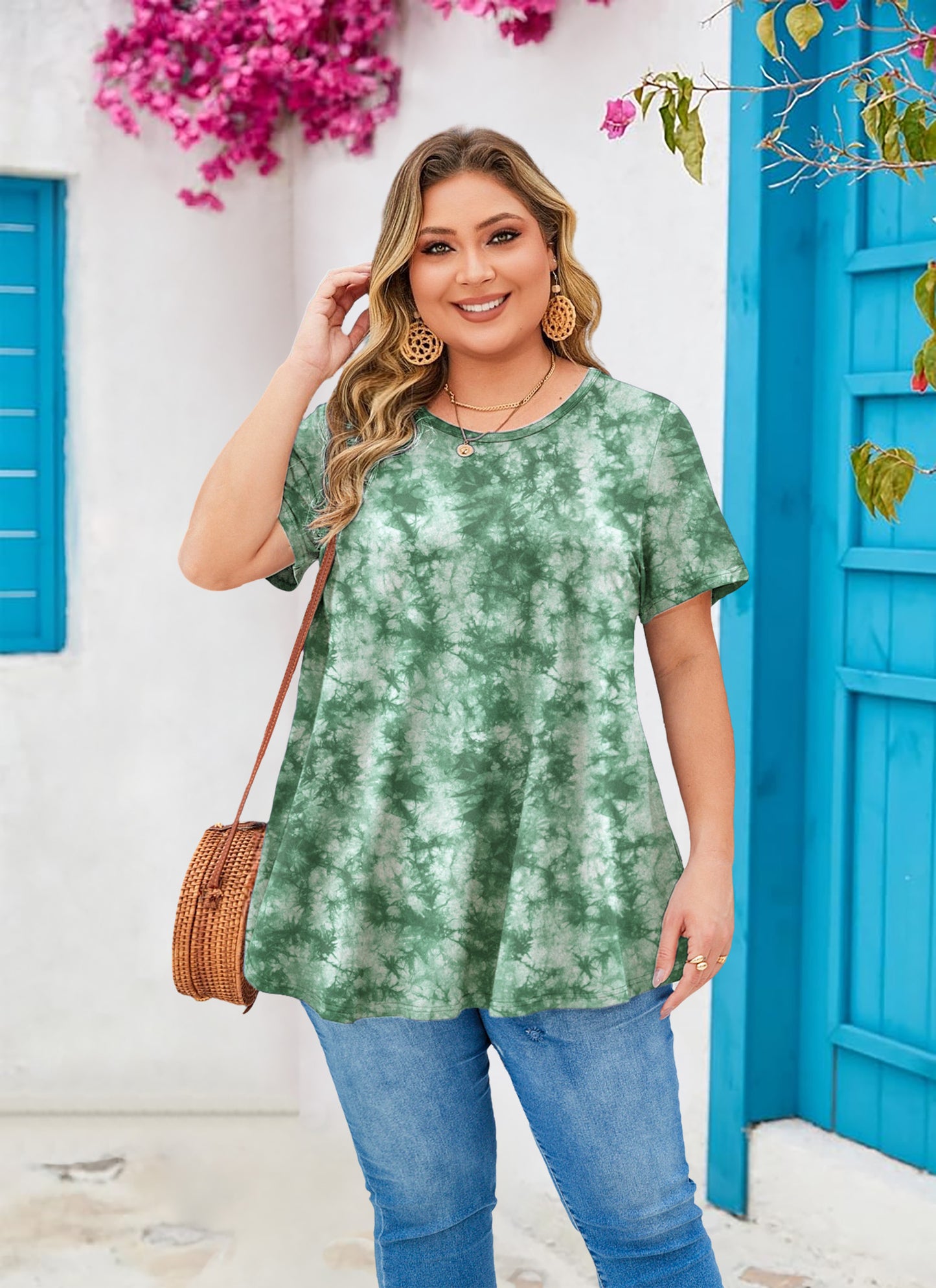 Womens Plus Size Tops Short Sleeve Swing Flare Flowy Tunic Loose Fit Summer Casual Blouses to Wear with Leggings Green Tunic Tie Dye