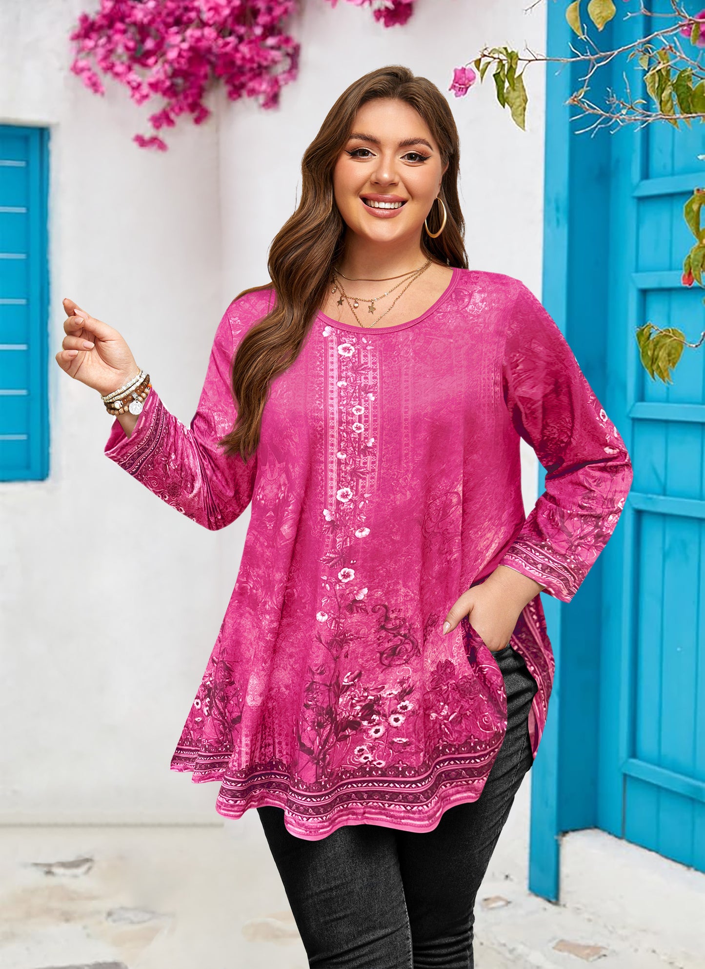 Womens Tunic 3/4 Sleeve Plus Size Tops Crew Neck Swing Flowy Loose Fit T-Shirt Blouses to Wear with Leggings Hot Pink Floral Tunic