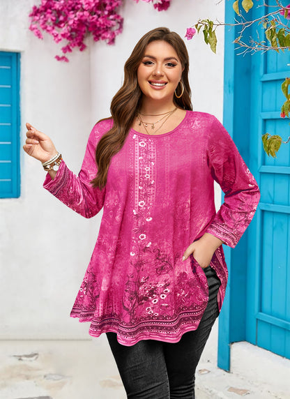 Womens Tunic 3/4 Sleeve Plus Size Tops Crew Neck Swing Flowy Loose Fit T-Shirt Blouses to Wear with Leggings Hot Pink Floral Tunic