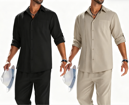 Men's 2 Piece Sets Casual Long Sleeve Button Down Cuban Shirt & Loose Pants