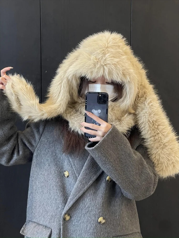 Lovely Balaclava Hat for Women Thickened Warm Plush Pullover Scarf Caps with Long Rabbits Ear Outdoor Activity Headwear