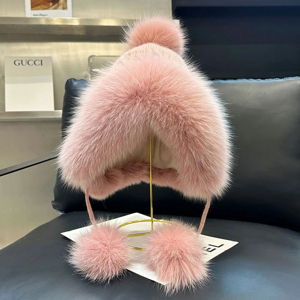 Outdoor Earflap hat Wool Knitted Snow Ski Cap Fleece Bomber Trapper Hat Women Fox Fur Pompom Winter