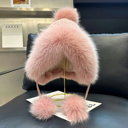 Outdoor Earflap hat Wool Knitted Snow Ski Cap Fleece Bomber Trapper Hat Women Fox Fur Pompom Winter
