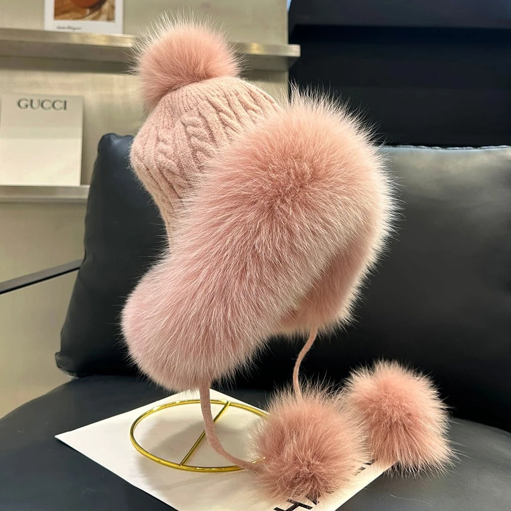 Outdoor Earflap hat Wool Knitted Snow Ski Cap Fleece Bomber Trapper Hat Women Fox Fur Pompom Winter