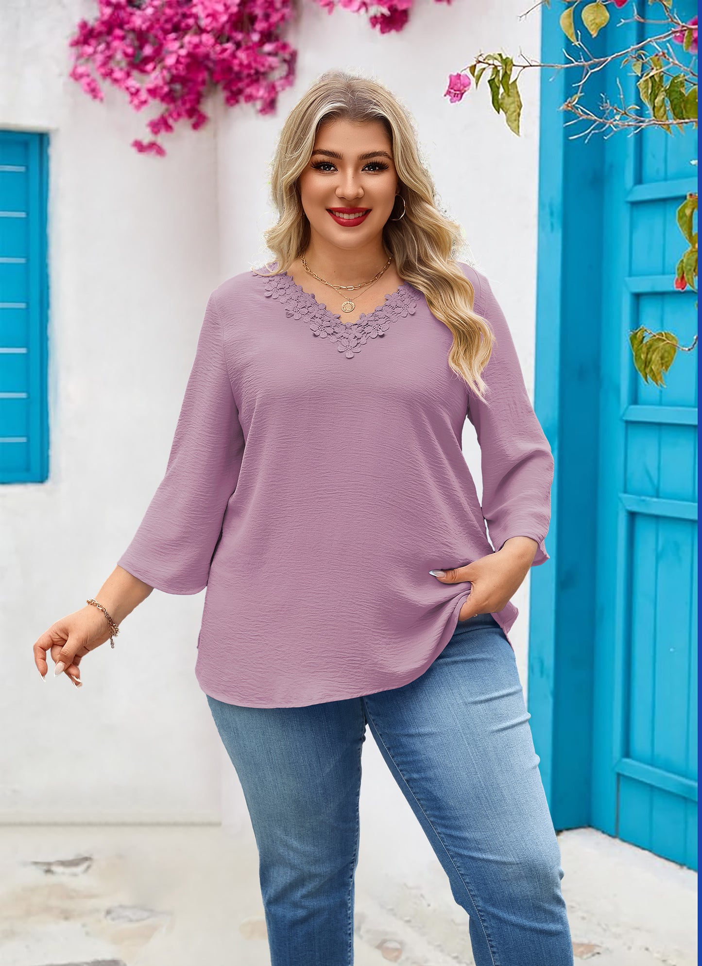 Womens Plus Size Blouses Dressy Casual 3/4 Sleeve Elegant V Neck Floral Trim Ladies Tunics Tops Purple