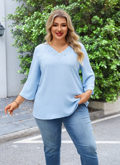Womens Plus Size Blouses Dressy Casual 3/4 Sleeve Elegant V Neck Floral Trim Ladies Tunics Tops Light Blue