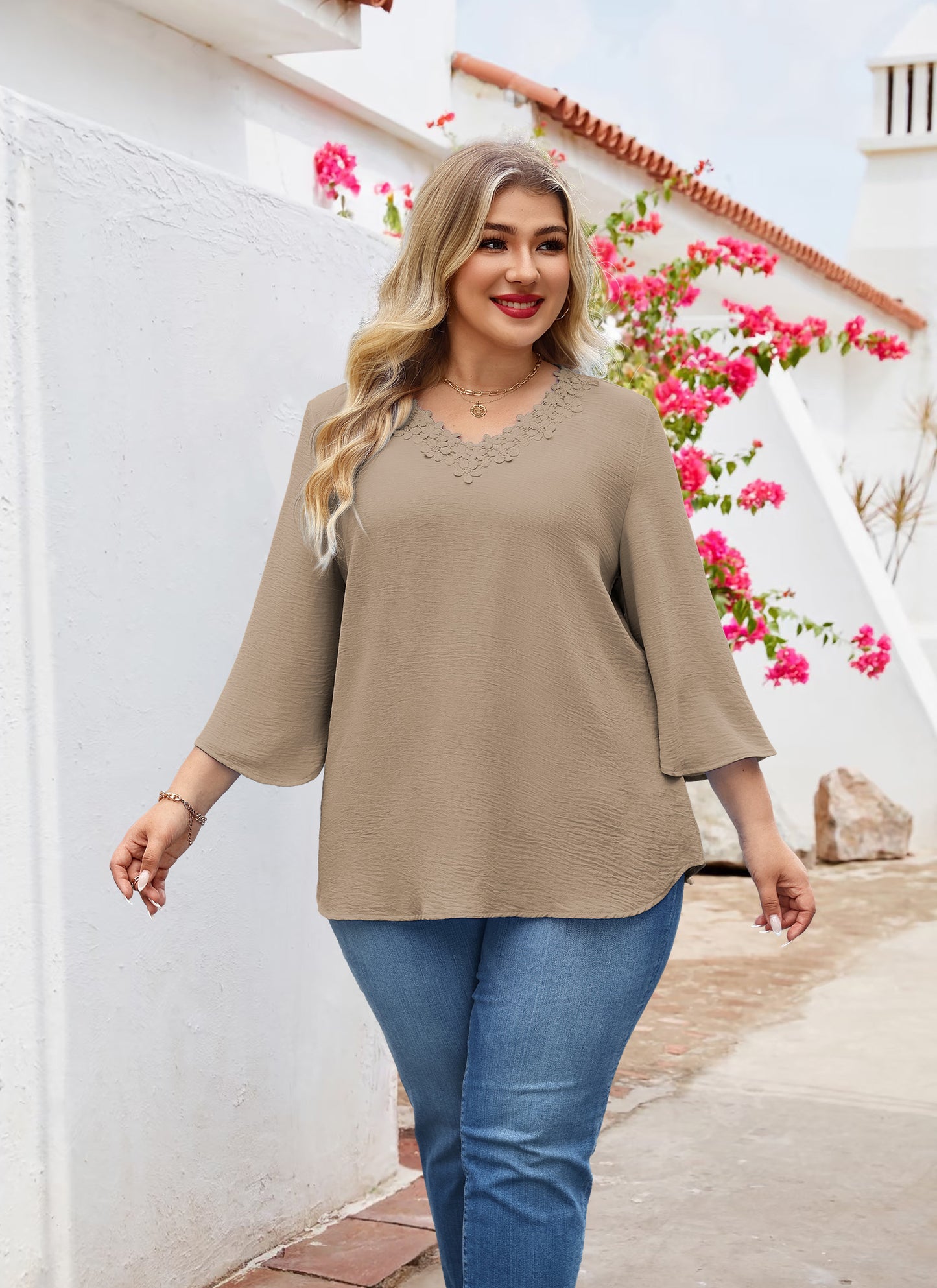 Womens Plus Size Blouses Dressy Casual 3/4 Sleeve Elegant V Neck Floral Trim Ladies Tunics Tops Khaki