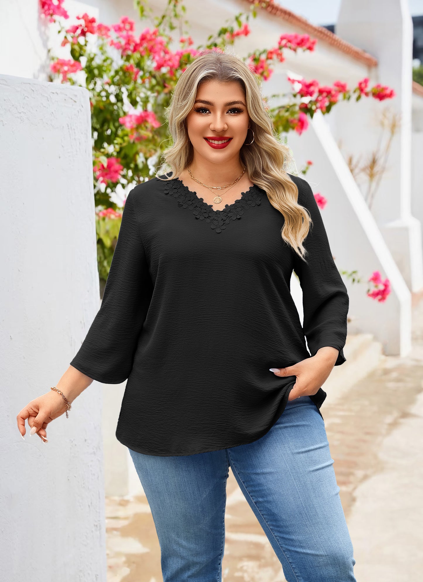 Womens Plus Size Blouses Dressy Casual 3/4 Sleeve Elegant V Neck Floral Trim Ladies Tunics Tops Black