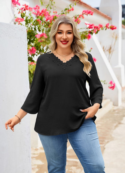 Womens Plus Size Blouses Dressy Casual 3/4 Sleeve Elegant V Neck Floral Trim Ladies Tunics Tops Black