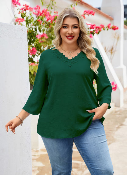 Womens Plus Size Blouses Dressy Casual 3/4 Sleeve Elegant V Neck Floral Trim Ladies Tunics Tops Green