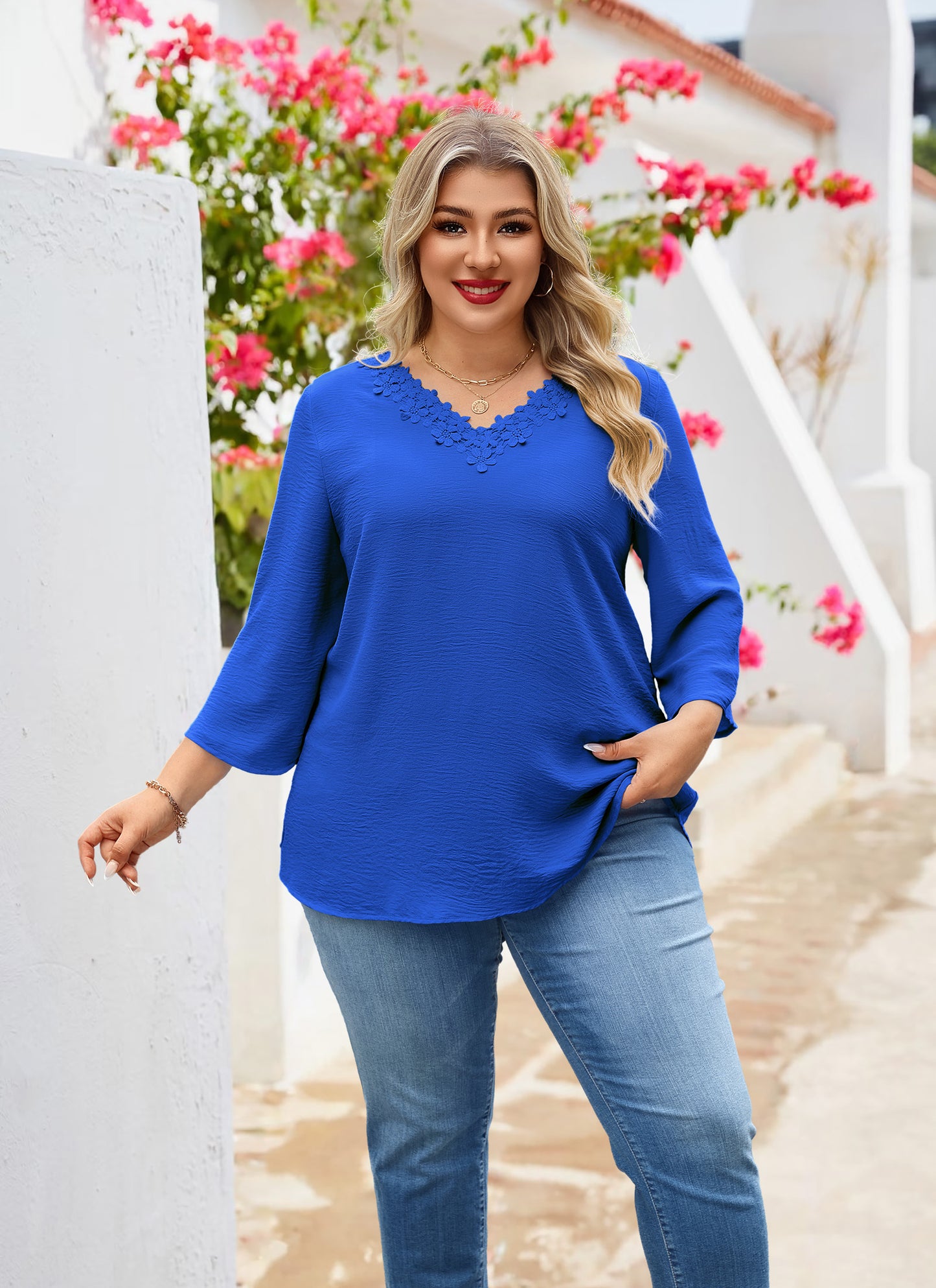 Womens Plus Size Blouses Dressy Casual 3/4 Sleeve Elegant V Neck Floral Trim Ladies Tunics Tops Royal Blue