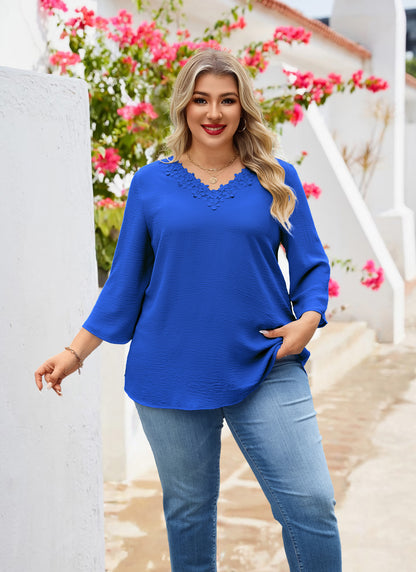 Womens Plus Size Blouses Dressy Casual 3/4 Sleeve Elegant V Neck Floral Trim Ladies Tunics Tops Royal Blue