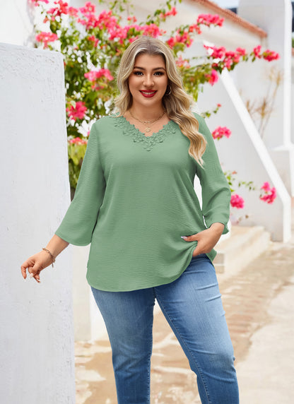 Womens Plus Size Blouses Dressy Casual 3/4 Sleeve Elegant V Neck Floral Trim Ladies Tunics Tops Sage Green