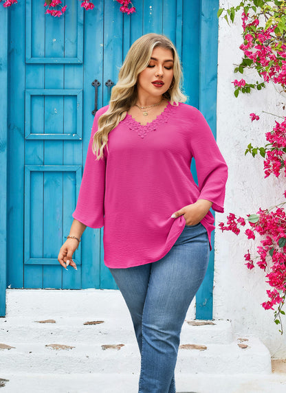 Womens Plus Size Blouses Dressy Casual 3/4 Sleeve Elegant V Neck Floral Trim Ladies Tunics Tops Hot Pink