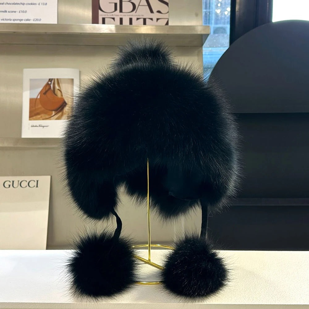 Outdoor Earflap hat Wool Knitted Snow Ski Cap Fleece Bomber Trapper Hat Women Fox Fur Pompom Winter