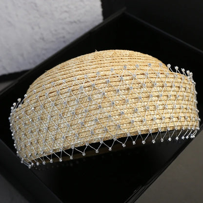 2025 Rhinestone Shiny  Straw Beret Women's Natural Bucket Sun Hat Circle Concave Top Straw Hat Church Derby Party Beach Hat