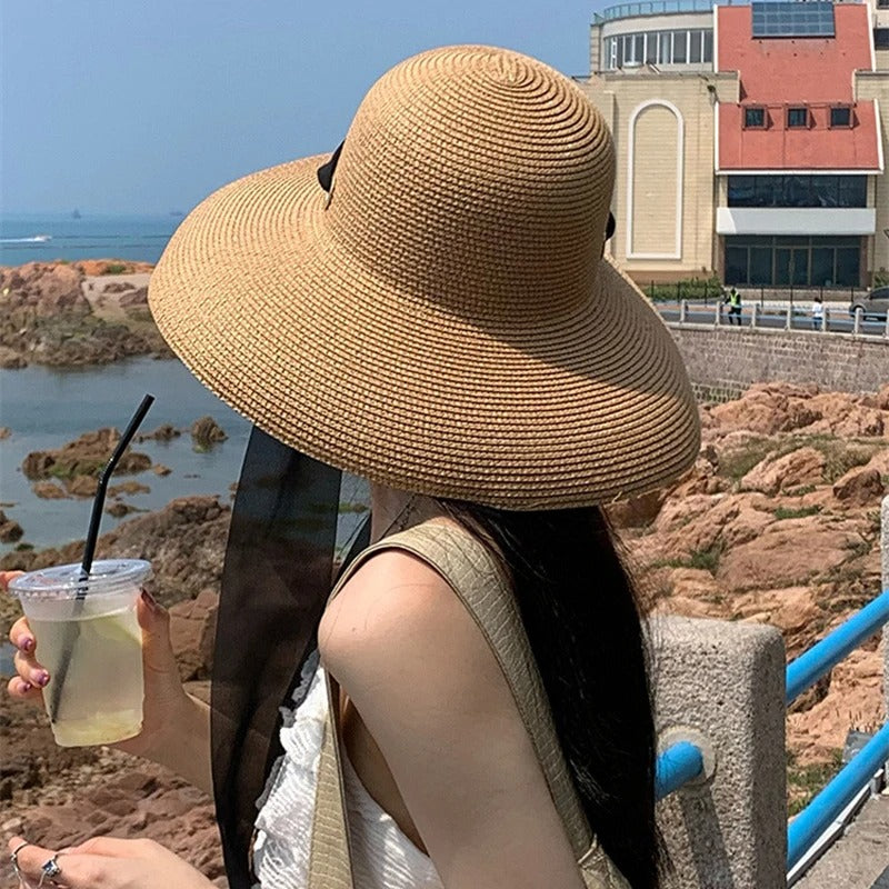 Summer Pape Straw Hat with Windproof Rope Hepburn Style Big Eaves Female Outdoor Travel Beach Vacation Seaside Sun Hat Female