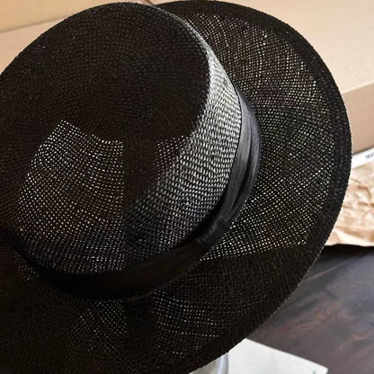 NEW Designer High-quality Customized Version Black Natural Sisal Flat Topped Straw Hat Silk Ribbon Summer Sunhat Dinner Cap