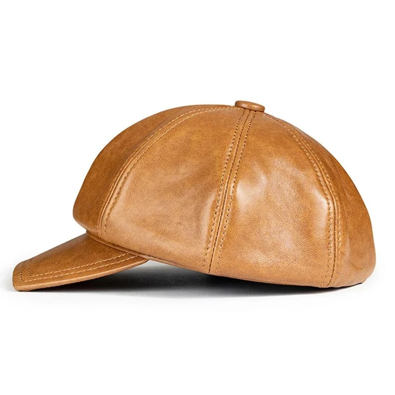 Square Octagonal Retro Genuine Leather Hat Men's Sheepskin Leather Beret Casual Fashion Student Tongue Cap Caps Brown/Black