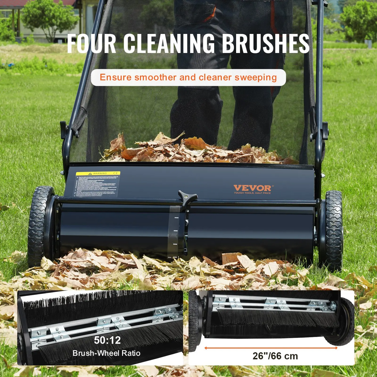 Push Lawn Sweeper 26 Inch Leaf & Grass CollectorStrong Rubber Wheels