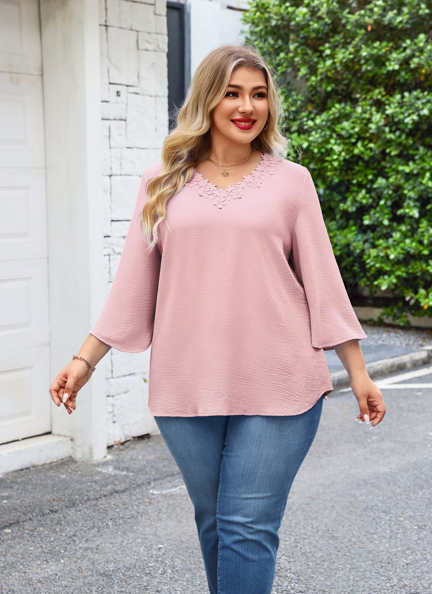 Womens Plus Size Blouses Dressy Casual 3/4 Sleeve Elegant V Neck Floral Trim Ladies Tunics Tops  Pink