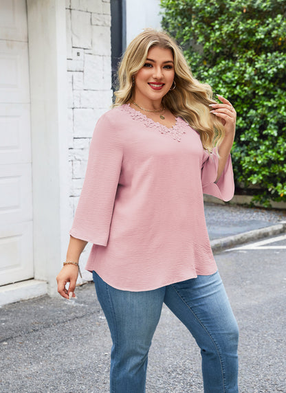 Womens Plus Size Blouses Dressy Casual 3/4 Sleeve Elegant V Neck Floral Trim Ladies Tunics Tops  Pink