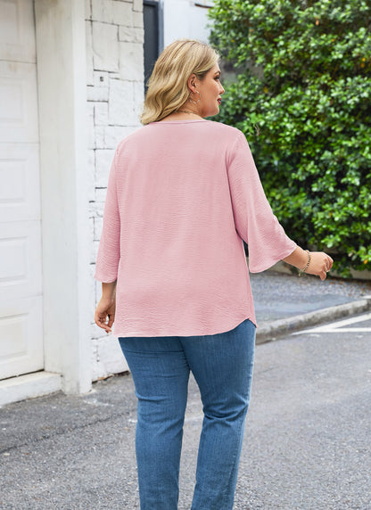 Womens Plus Size Blouses Dressy Casual 3/4 Sleeve Elegant V Neck Floral Trim Ladies Tunics Tops  Pink