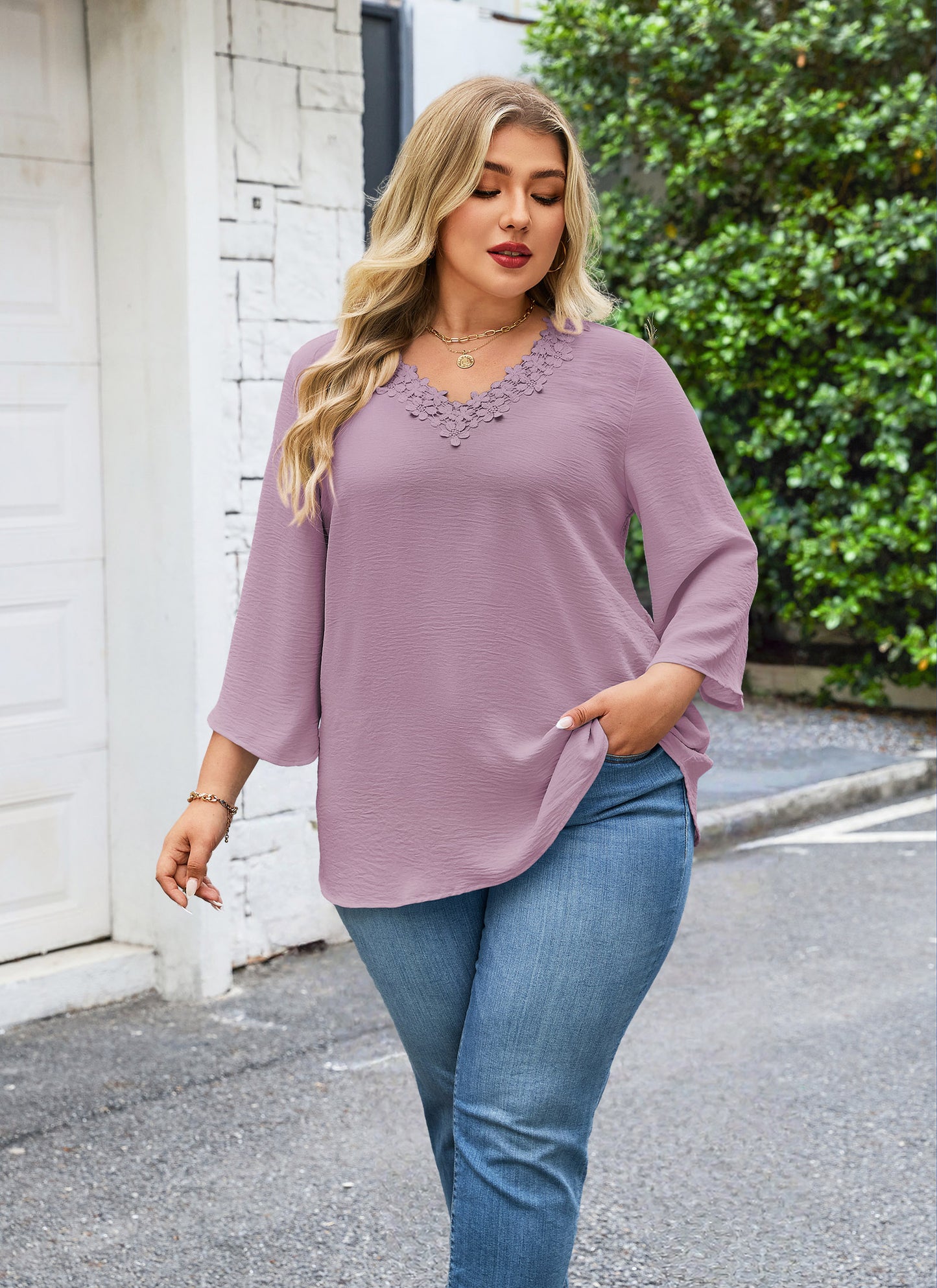 Womens Plus Size Blouses Dressy Casual 3/4 Sleeve Elegant V Neck Floral Trim Ladies Tunics Tops Purple