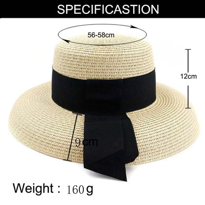 Summer Straw Hat with Ribbon Hepburn Style Big Eaves Female Outdoor Travel Beach Vacation Seaside Sun Hat  Fashion Hat
