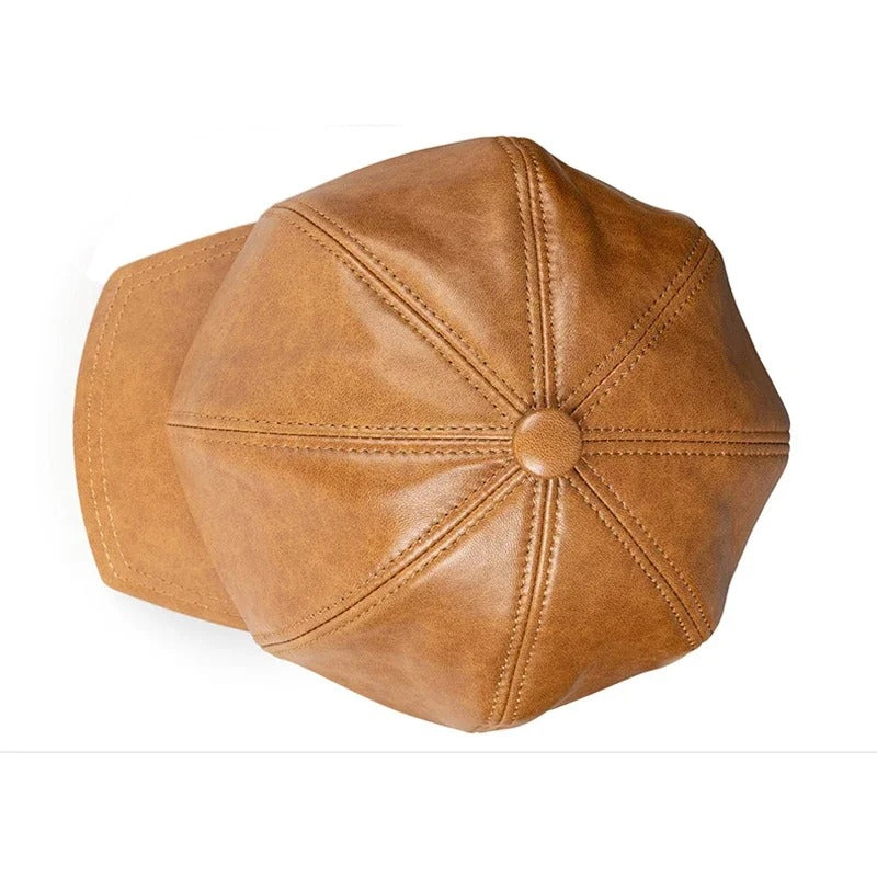 Square Octagonal Retro Genuine Leather Hat Men's Sheepskin Leather Beret Casual Fashion Student Tongue Cap Caps Brown/Black
