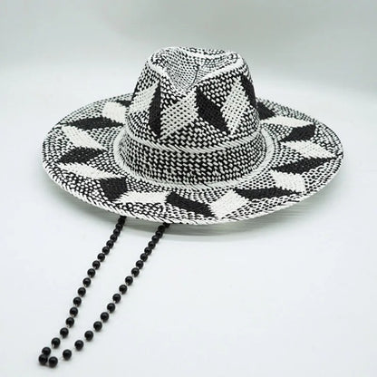 Black White Pattern Toquilla Straw Hats Panama Hats Pearls Chain Sun Hats for Women Men Handmade Fedora Beach Travel Hat
