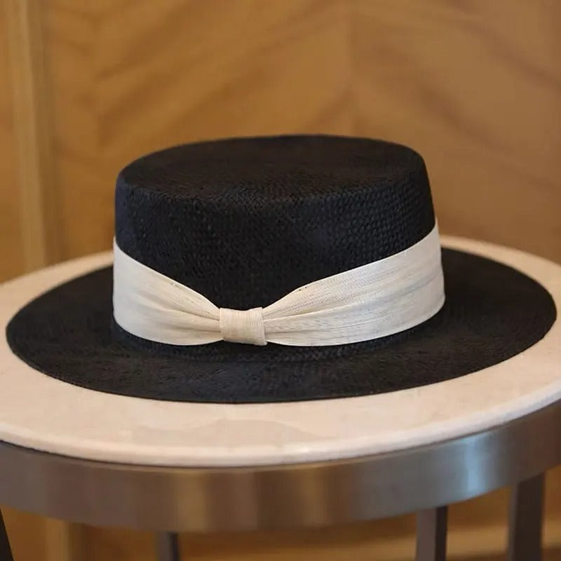 NEW Designer High-quality Customized Version Black Natural Sisal Flat Topped Straw Hat Silk Ribbon Summer Sunhat Dinner Cap