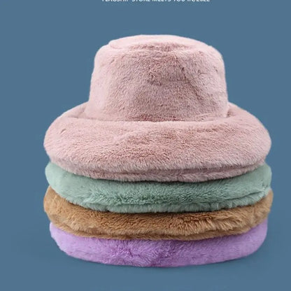 Oversized Plush Fluffy Bucket Hat Women Female Fashion Faux Fur Autumn Winter Hat  Large Warm Clouds Fisherman Cap luxury hat