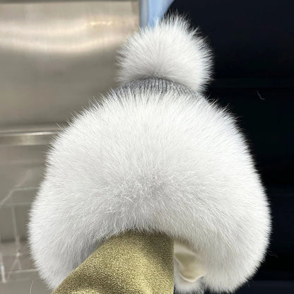Outdoor Earflap hat Wool Knitted Snow Ski Cap Fleece Bomber Trapper Hat Women Fox Fur Pompom Winter