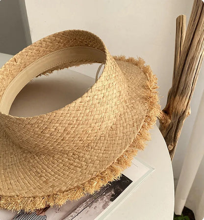 Nature Raffia Straw Sun Hat for Women 57cm Emtey Top Vsor Summer Outdoor Holiday Beach Hawaii Style Straw Hat for Female
