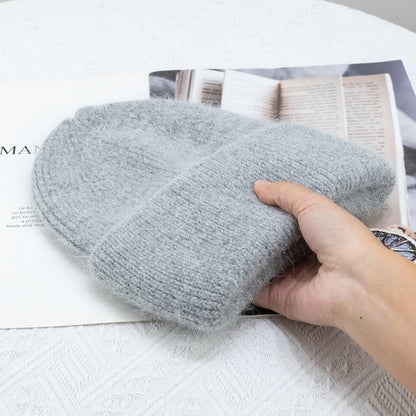Warm  Angola Rabbit Fur Winter Knitted Beanies Women Cap Female  Ski Outdoor Warm Cashmere Wool Hats