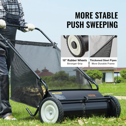 Push Lawn Sweeper 26 Inch Leaf & Grass CollectorStrong Rubber Wheels