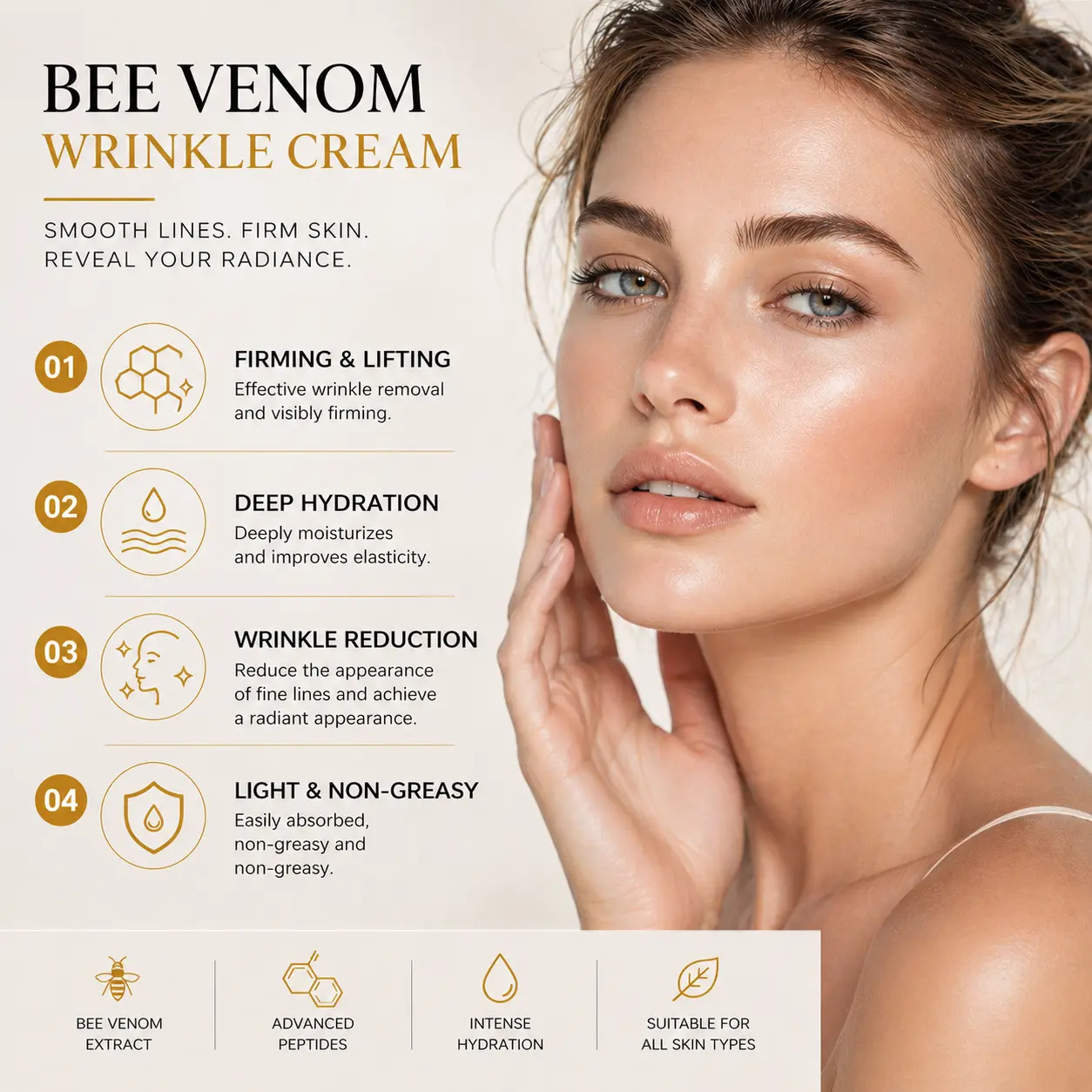 Venom Wrinkle Removal CreamLifting & Recovery, Bee Venom Cream, All Skin Types