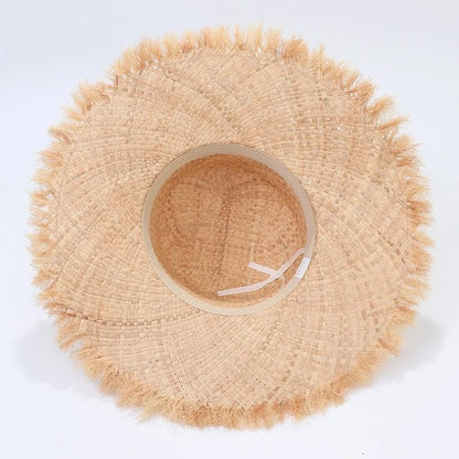 100% Handmade Natural Raffia Hats Women Flat Top Wide Brim Straw Hat Beach Hat Lady  Holiday Panama Sun Protection Sun Hat