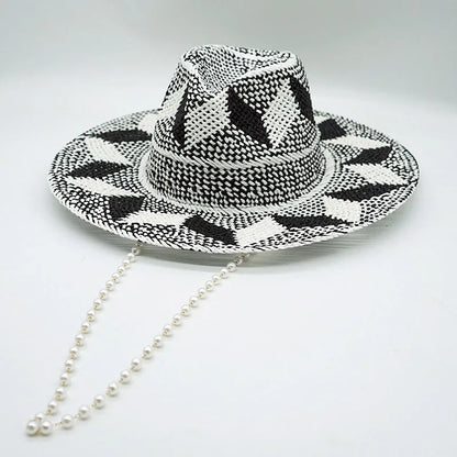 Black White Pattern Toquilla Straw Hats Panama Hats Pearls Chain Sun Hats for Women Men Handmade Fedora Beach Travel Hat