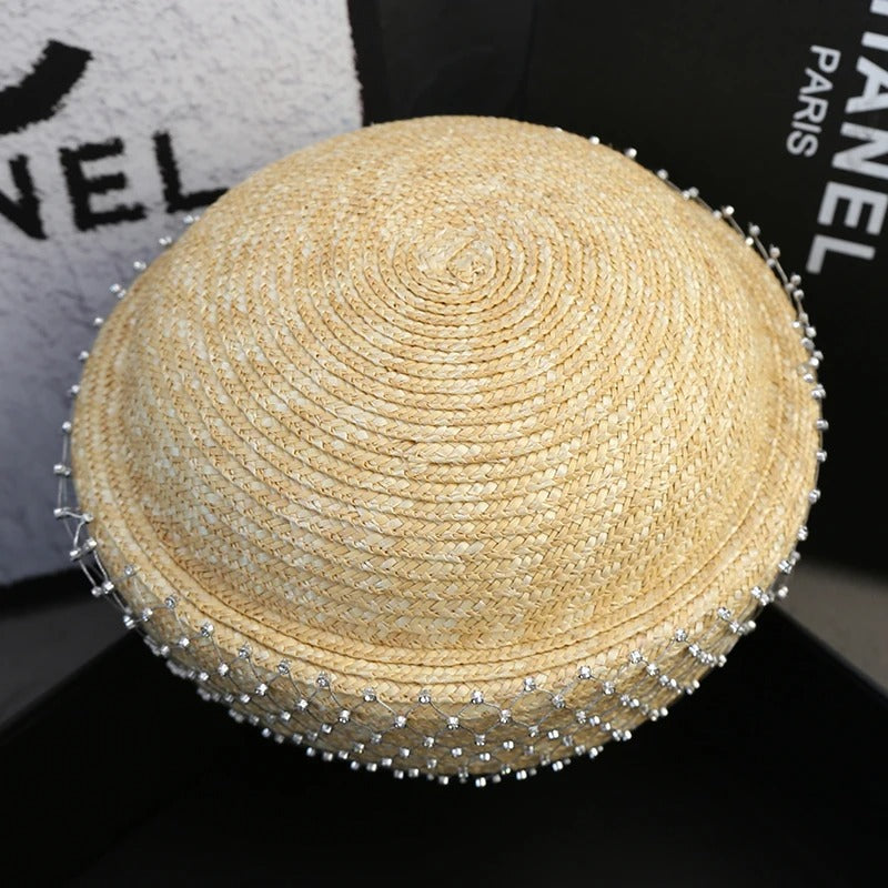 2025 Rhinestone Shiny  Straw Beret Women's Natural Bucket Sun Hat Circle Concave Top Straw Hat Church Derby Party Beach Hat