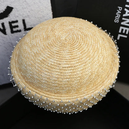2025 Rhinestone Shiny  Straw Beret Women's Natural Bucket Sun Hat Circle Concave Top Straw Hat Church Derby Party Beach Hat