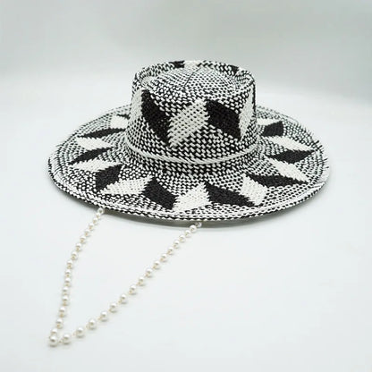 Black White Pattern Toquilla Straw Hats Panama Hats Pearls Chain Sun Hats for Women Men Handmade Fedora Beach Travel Hat