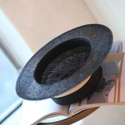NEW Designer High-quality Customized Version Black Natural Sisal Flat Topped Straw Hat Silk Ribbon Summer Sunhat Dinner Cap