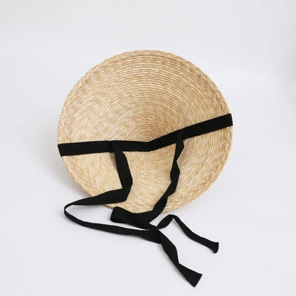 Womens Retro Pastoral Straw Hat French Top Natural Wheat Straw Sun Hats  Seaside Vacation Lace-up Big Brim Beach Hat