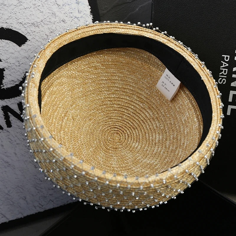 2025 Rhinestone Shiny  Straw Beret Women's Natural Bucket Sun Hat Circle Concave Top Straw Hat Church Derby Party Beach Hat