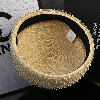 2025 Rhinestone Shiny  Straw Beret Women's Natural Bucket Sun Hat Circle Concave Top Straw Hat Church Derby Party Beach Hat
